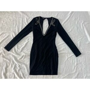 Bebe Mini Dress Embellished Rhinestone Jersey Bodycon S Women Long Sleeve